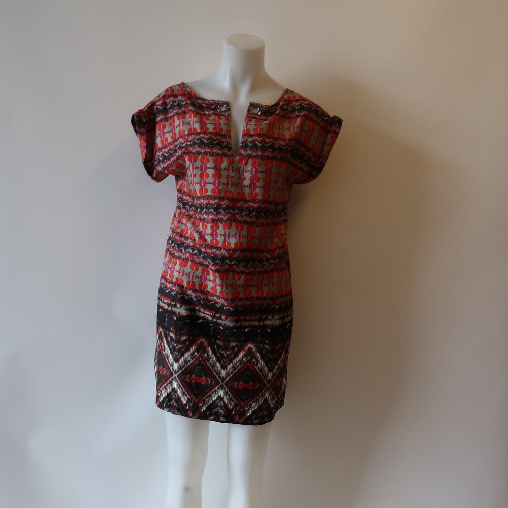 SUNCOO PARIS RED TAUPE BLACK PATTERN DRESS S/M *